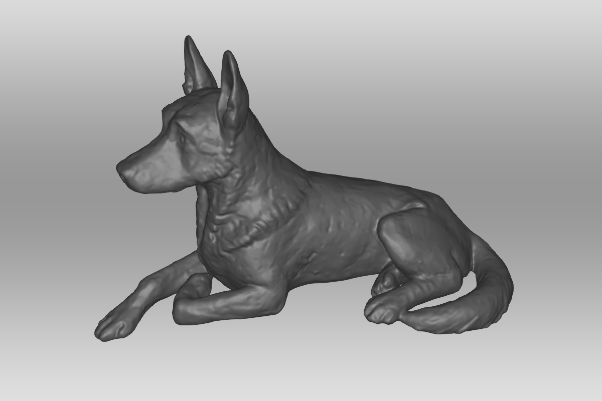 Een 3D model van een hondenbeeldje waar de kleur niet aan toegevoegd is.