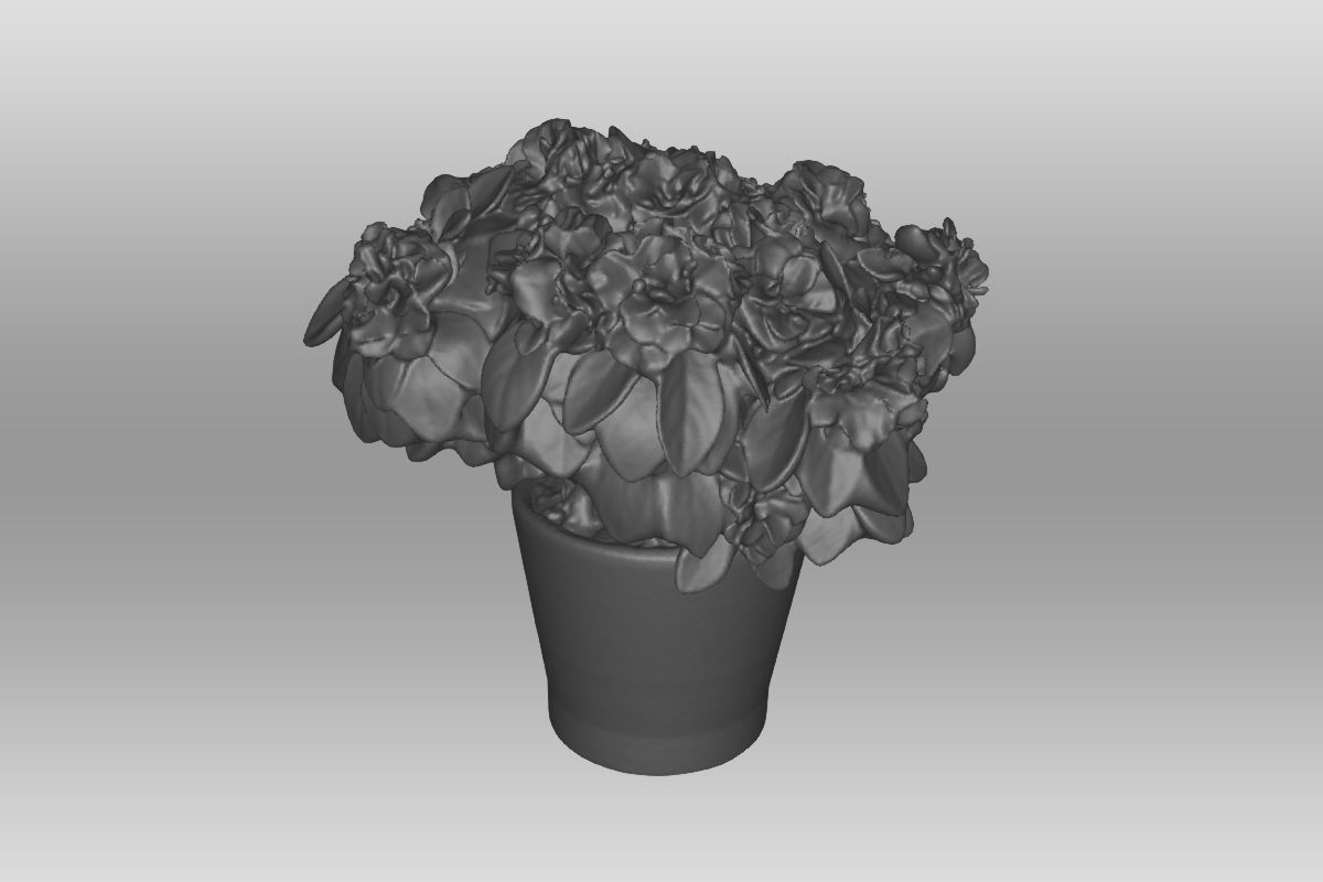 Een 3D model van een plantje in een bloempot waar de kleur niet aan toegevoegd is.