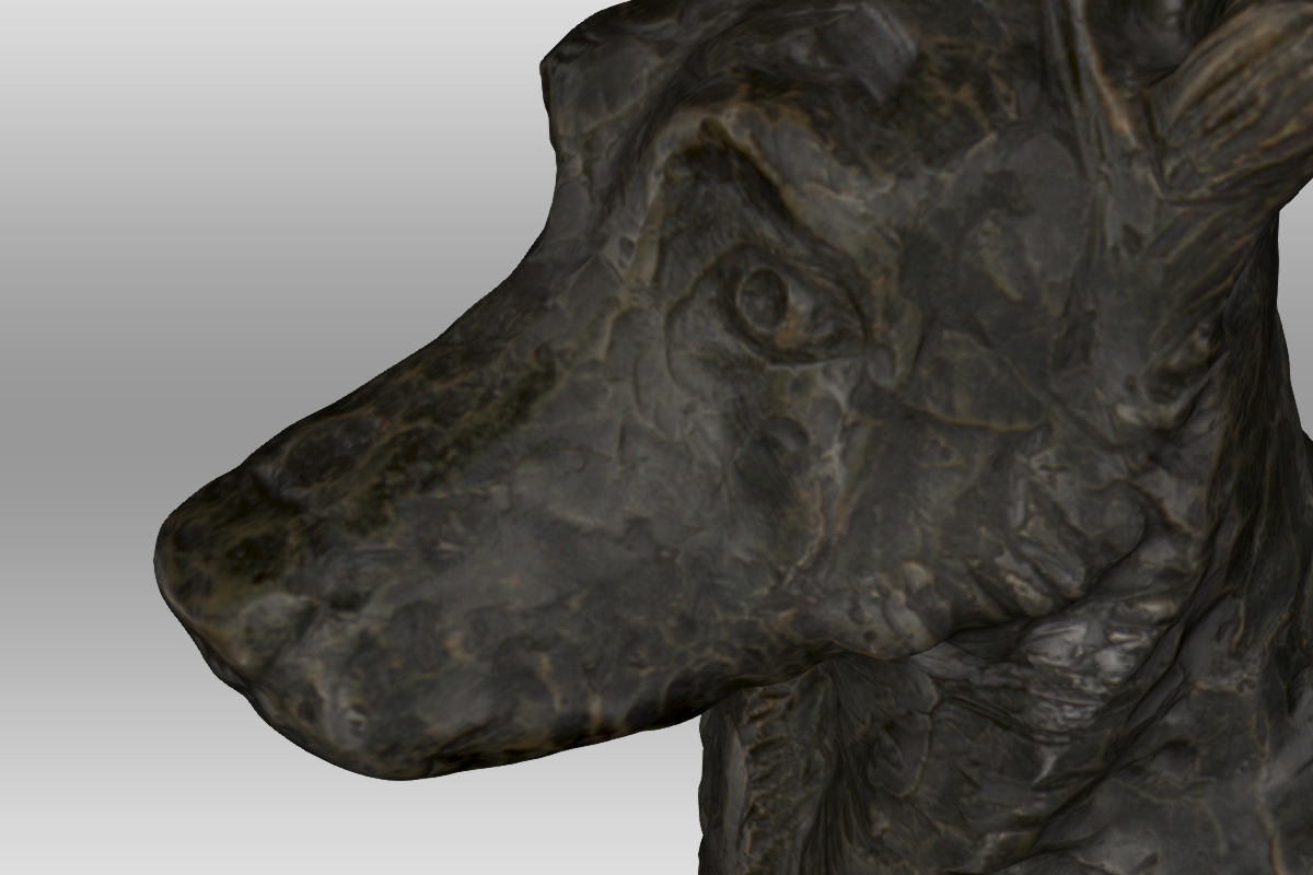 n dit screenshot van het 3D model kan u zien dat de kleinste details van een hondenbeeldje terug te vinden zijn.