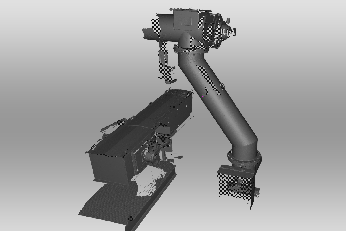 een screenshot van een 3D Mesh model van een industriële toepassing van een transportband en een toevoerbuis.